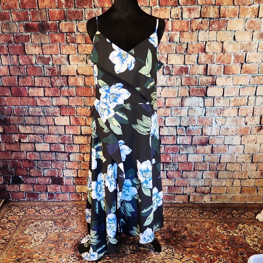 Banana Republic Navy Floral Hawaiian Strappy Dress Lined Asymmetrical 12 Tall